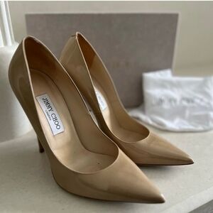 Jimmy Choo stiletto patent leather nude pumps